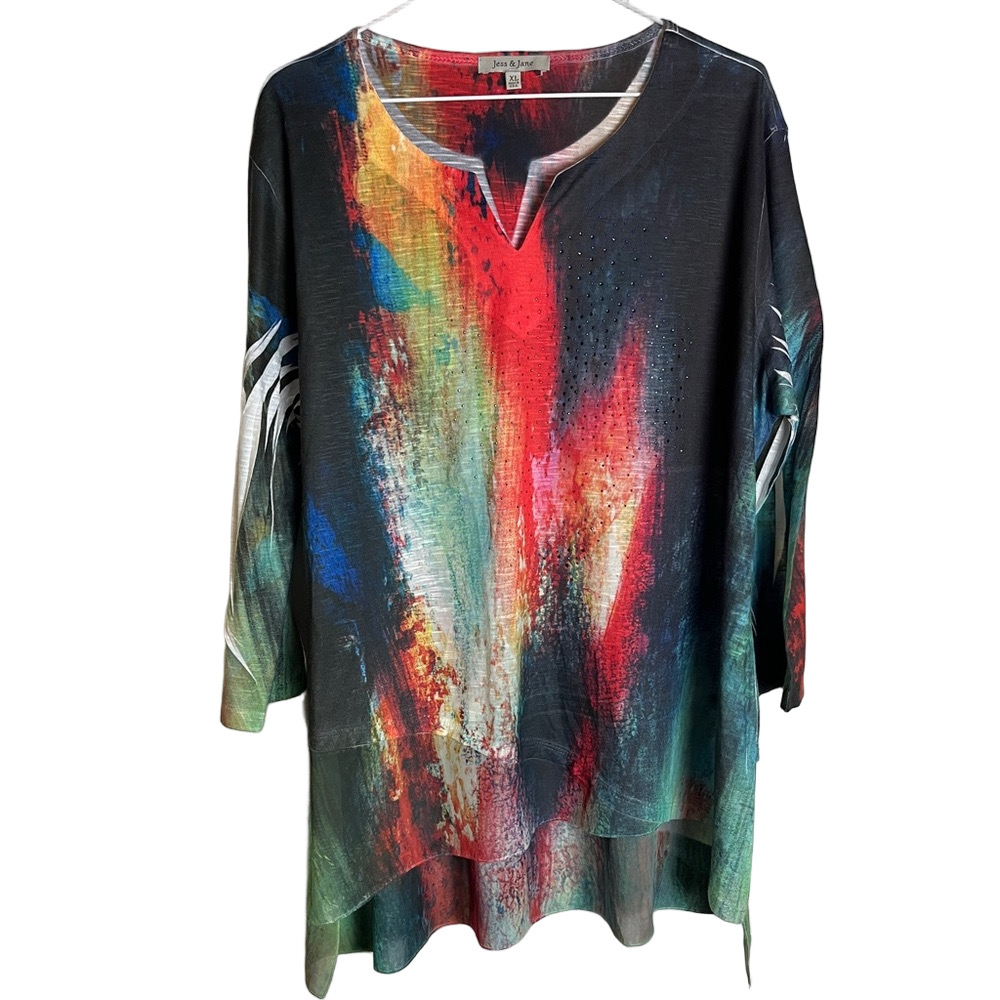 Vintage Womens Multicolour Asymmetric Beaded Tunic XL Boho Chic Festive Indie